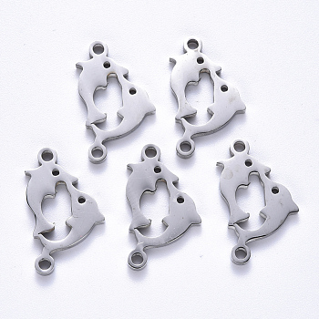 201 Stainless Steel Links Connectors, Laser Cut, Dolphin Shape, Stainless Steel Color, 20.5x13x1.5mm, Hole: 1.6mm