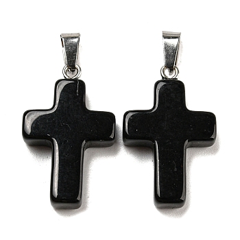 Glass Pendant, with Platinum Iron Findings, Cross Charms, Black, 29x18x5.5mm, Hole: 7x3.5mm