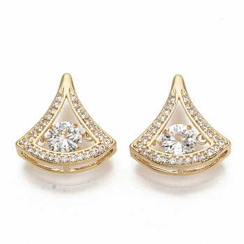 Brass Micro Pave Clear Cubic Zirconia Charms, Nickel Free, Fan Shape, Real 18K Gold Plated, 14.5x14.5x4.5mm, Hole: 2x5mm