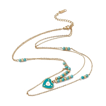Enamel Charms Double Layer Necklace with Synthetic Turquoise Beaded, 304 Stainless Steel Cable Chains Bohemia Necklace for Women, Golden, Heart Pattern, Heart: 15.5x15x2mm, 16 inch(40.5cm)
