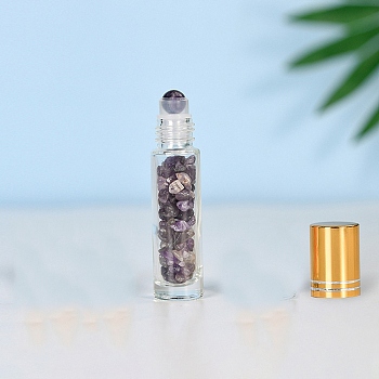 Natural Amethyst Roller Ball Bottles, with Plastic Cover, SPA Aromatherapy Essemtial Oil Empty Glass Bottle, 2x8.5cm, Capacity: 10ml(0.34fl. oz)