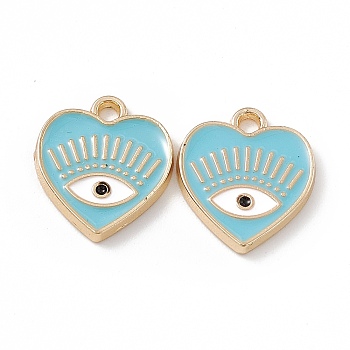 Alloy Enamel Pendants, Golden, Heart with Eye Charm, Sky Blue, 14.5x13x1.5mm, Hole: 1.6mm