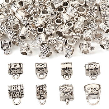 80Pcs 8 Style Tibetan Style Alloy Tube Bails, Loop Bails, Hanger Links, Column & Bag Shape & Column, Antique Silver, 10~15x7~11x7~9mm, Hole: 1.4~2.7mm, Inner Diameter: 4~6mm, 10Pcs/style