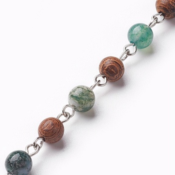 Handmade Natural Moss Agate Beaded Chains, Unwelded, with Wood Beads and Iron Eye Pin, 39.37 inch(1m)/strand