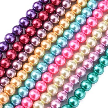 Glass Pearl Beads Strands, Round, Mixed Color, 10mm, Hole: 1~1.5mm, about 85pcs/strand, 32 inch/strand