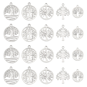 20Pcs 5 Style 304 Stainless Steel Pendants, Laser Cut, Ring with Tree, Stainless Steel Color, 19x16x1mm, Hole: 1.6mm