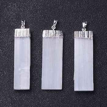 Natural Selenite Big Pendants, Rectangle Charms, with Rack Plating Brass Findings, Silver, 52~61x14~19x5~7mm, Hole: 8x5mm