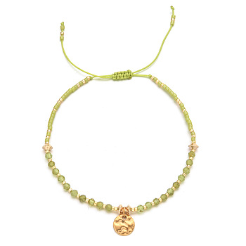 Natural Olive Quartz Braided Bead Bracelet, Adjustable Bracelet with Flat Round Charms, 