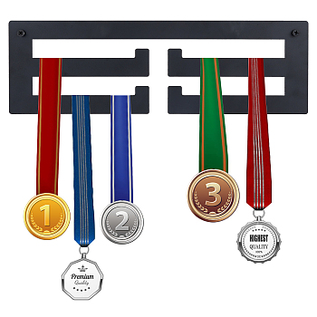 Iron Medal Holders, 2 Line, Home Decorations, with Plastic Gaskets, Screws and Anchor Plug, Black, Holder: 320x100x1.5mm