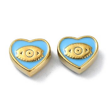 Ion Plating(IP) 304 Stainless Steel Enamel Beads, Real 18K Gold Plated, Heart with Eye, Light Sky Blue, 9x10x4.5mm, Hole: 1.2mm