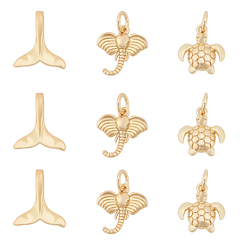 CHGCRAFT 18Pcs 3 Style Brass Charms, Long-Lasting Plated, Sea Turtle & Elephant & Whale Fishtail, Golden, 12.3x11x2.5mm, Hole: 3mm