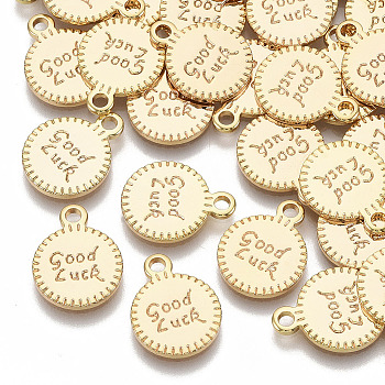 Brass Charms, Nickel Free, Flat Round with Word Good Luck, Real 18K Gold Plated, 13.5x10.5x1.5mm, Hole: 1.5mm
