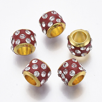 Brass European Beads, with Polymer Clay Rhinestone, Large Hole Beads, Rondelle, Golden, Red, 9x7.5mm, Hole: 4.5mm