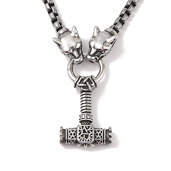 304 Stainless Steel Leopard Head King Box Chain Viking Mjolnir Thor Hammer Pendant Necklaces for Men, Antique Silver, 24.41 inch(62cm)