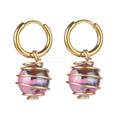 Round Natural Agate Beads Dangle Huggie Hoop Earrings(EJEW-JE04718-04)-4