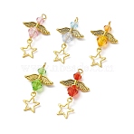 50Pcs 5 Styles Glass Angel Pendants, with Antique Golden Alloy Wings and Star, Antique Golden, Mixed Color, 38mm, Hole: 2mm, 10pcs/style(PALLOY-JF01973-S)