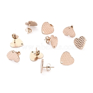Ion Plating(IP) 304 Stainless Steel Stud Earring Findings, with Ear Nuts, Textured Heart, Rose Gold, 12x13mm, Hole: 1.5mm, Pin: 0.7mm(STAS-I183-04B-RG)