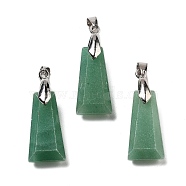 Natural Green Aventurine Faceted Pendants, Trapezoid Charms with Rack Plating Brass Snap on Bails, Platinum, 34x13x11mm, Hole: 5x3.5mm(G-F774-02B)