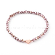 Electroplate Faceted Round Glass Beaded Bracelets, with Brass Heart Beads, Rose Gold, Plum, Inner Diameter: 2-3/8 inch(6cm)(BJEW-JB06124-04)