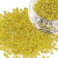 12/0 Grade A Round Glass Seed Beads, Silver Lined, Yellow, 12/0, 2x1.5mm, Hole: 0.3mm, about 30000pcs/bag(SEED-Q007-F35)