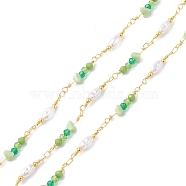 Brass Glass Bead Link Chains with ABS Imitation Pearl Beads, Unwelded, with Spool, Golden, Medium Sea Green, 19.5~24.5x4.5~6x4~6mm(CHS-P016-39G-02)