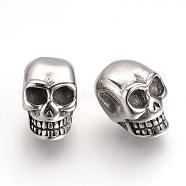 304 Stainless Steel Beads, Skull, Antique Silver, 17x10.5x12.5mm, Hole: 3.5~4mm(STAS-Q209-20)