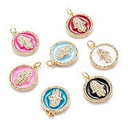Real 18K Gold Plated Brass Micro Pave Clear Cubic Zirconia Pendants, with Enamel and Jump Ring, Long-Lasting Plated, Flat Round with Hamsa Hand, Mixed Color, 19.5x17x2.5mm, Jump Ring: 5x0.8mm, 3.4mm inner diameter(ZIRC-M114-50G)