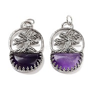 Natural Amethyst Bag Pendants, Rack Plating Antique Silver Plated Brass Tree Charms, Cadmium Free & Lead Free, 41x26x6mm, Hole: 5.5mm(G-Q163-06AS-08)