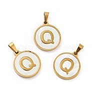Vacuum Plating 304 Stainless Steel with White Shell Pendants, Golden, Flat Round with Letter Charm, Letter.Q, 18x16x1.5mm, Hole: 3x6mm(STAS-G268-01Q-G)
