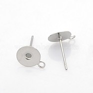 304 Stainless Steel Stud Earring Settings, Earring Posts, with Loop, Stainless Steel Color, Tray: 8mm, 10x8mm, Hole: 1mm, Pin: 0.6mm(STAS-N036-03A)