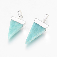 Natural Amazonite Pendants, with Brass Findings, Triangle, Silver, 27~29x12~13x4~5mm, Hole: 4x6mm(G-E493-O02-S)