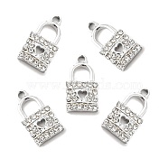 Alloy Rhinestone Pendants, Platinum Tone Lock with Hollow Out Heart Charms, Crystal, 21x11x3mm, Hole: 2.2mm(ALRI-C007-50P)