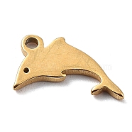 304 Stainless Steel Charms, Golden, Laser Cut, Dolphin, 9x9x1mm, Hole: 1mm(STAS-K272-01A-G)