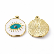 Vacuum Plating 201 Stainless Steel Enamel Pendants, Real 18K Gold Plated, Flat Round with Eye Charm, White, 22x19x3mm, Hole: 1.4mm(STAS-J401-VC802)