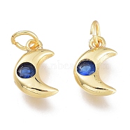Brass Micro Pave Cubic Zirconia Charms, with Jump Ring, Moon, Golden, Marine Blue, 10x6.5x2.5mm, Hole: 1.5mm, Jump rings: 3.5x0.8mm(KK-M206-26G-03)