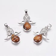 Natural Tiger Eye Pendants, Angel, with Brass Finding, Platinum, 35x29.5x6mm, Hole: 4x7mm(G-G651-E02)