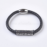 Men's Braided Leather Cord Bracelets, with 304 Stainless Steel Findings and Magnetic Clasps, Tube, Black, 7-5/8 inch(195mm)(BJEW-P194-11)