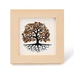 Tree of Life Natural Tiger Eye Chips Picture Frame Stand, with Wood Square Frame, Feng Shui Money Tree Picture Frame Home Office Decoration, 66x130x120mm, Inner Diameter: 90x90mm(DJEW-F021-02E)