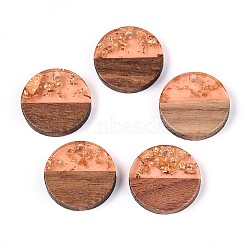 Resin & Walnut Wood Pendants, Flat Round, Gold Foil, Light Salmon, 18x3~3.5mm, Hole: 2mm(RESI-T057-39B)