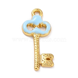 Golden Alloy Enamel Pendants, Long-Lasting Plated, Key, Light Blue, 27x12x2mm, Hole: 1.8mm(KK-P197-06F-G)