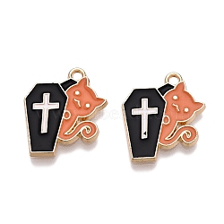 Halloween Theme Rack Plating Alloy Enamel Pendants, Golden, Cross Coffin with Cat Charm, Dark Orange, 18x16x1.5mm, Hole: 1.6mm(ENAM-N056-356B)