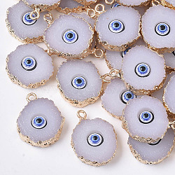 Druzy Resin Pendants, with Edge Light Gold Plated Iron Loops, Flat Round with Eye, Gainsboro, 20~23x17~18x5mm, Hole: 1.8mm(X-RESI-S383-011D)