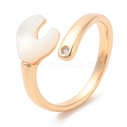Natural Shell Spanner Open Cuff Ring with Cubic Zirconia, Brass Rings for Women, Real 18K Gold Plated, Inner Diameter: 18.2mm(RJEW-G288-07G)