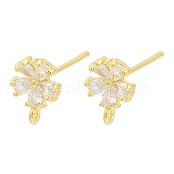 Brass Micro Pave Clear Cubic Zirconia Stud Earring Findings, with Loop, Real 18K Gold Plated, Flower, 9.5x7.5mm, Hole: 1mm, Pin: 0.8x11.5mm(KK-Z099-02G-01)