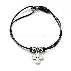 304 Stainless Steel Angel Charm Bracelet with Waxed Cord for Women, Stainless Steel Color, 7 inch(17.8cm)(BJEW-A125-16)
