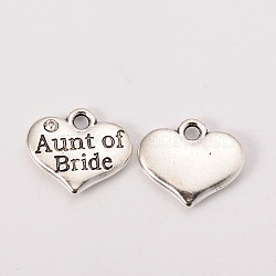 Wedding Theme Antique Silver Tone Tibetan Style Heart with Aunt of Bride Rhinestone Charms, Cadmium Free & Lead Free, Crystal, 14x16x3mm, Hole: 2mm(TIBEP-N005-09A)