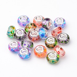 Resin European Beads, Large Hole Rondelle Beads, with Brass Cores, Silver Color Plated, Mixed Color, 14x9mm, Hole: 4.5mm(RPDL-H002-01)