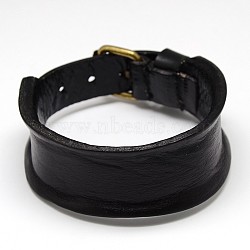 Trendy Unisex Punk Rock Style Leather Wide Wristband Bracelets, with Iron Watch Band Clasps, Antique Bronze, Black, 270x28x6mm(X-BJEW-L271-01)