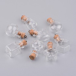 Glass Bottle Pendants, with Wood Cork Stopper, Mixed Shapes, Clear, 32.5~34.5x15~22x11~20mm, Hole: 1.5mm, Bottle Capacity: 1~2.5ml(0.03~0.08 fl. oz)(X-PALLOY-JF00247)