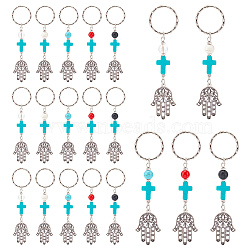 AHADERMAKER 20Pcs 5 Style Mixed Gemstone Bead and Synthetic Turquoise beads Keychain, Tibetan Style Alloy Pendants, Spacer Beads and Iron Eye Pin, Cross & Hamsa Hand with Eye, 10cm, 4pcs/style(KEYC-GA0001-05)